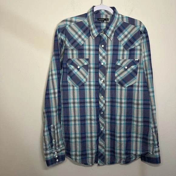 Tin‎ Haul Shirt Mens Large Turquoise Violet Plaid Pearl Snap Western Rockabilly - Picture 2 of 8